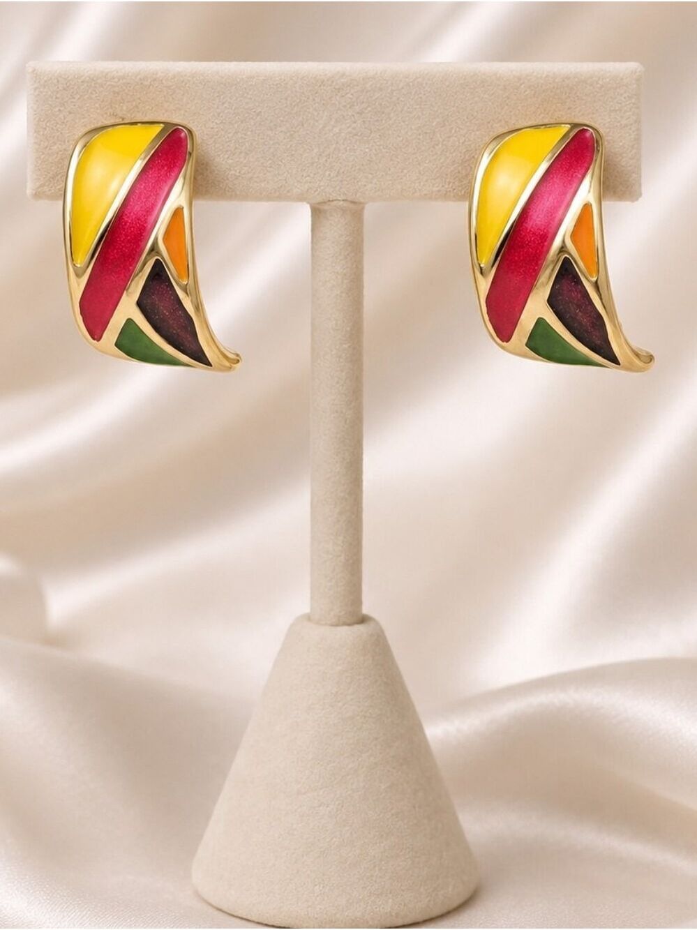 Vintage 80s Gold Tone Multicolor Enamel Crescent Earrings